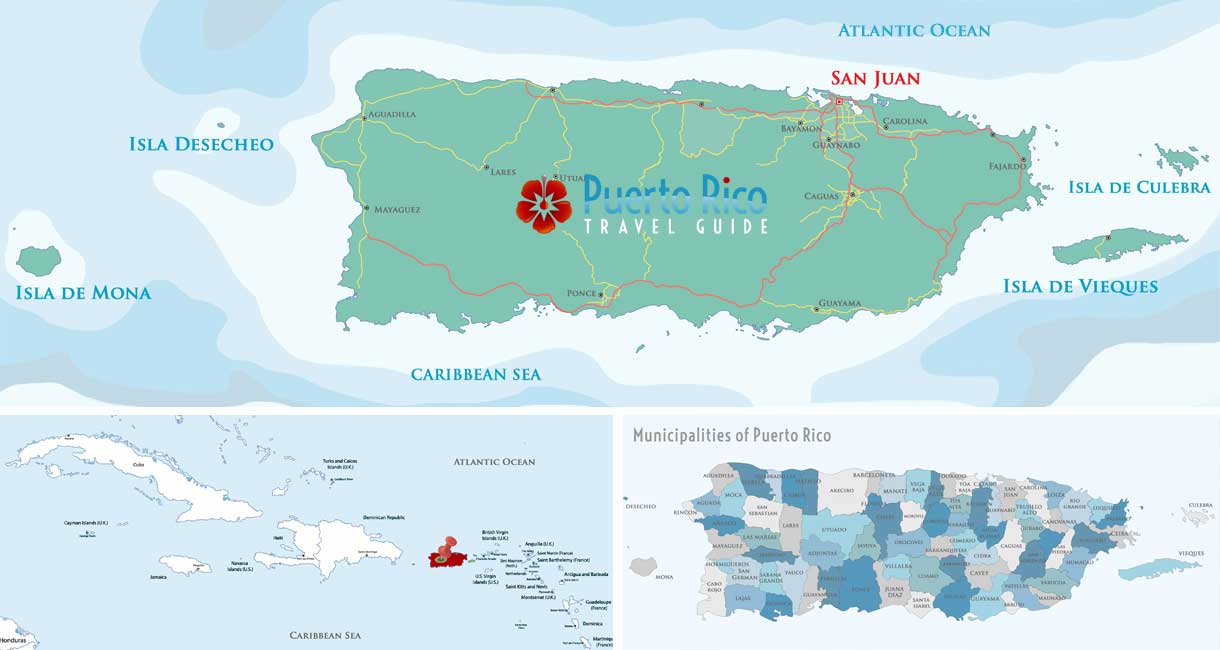 Puerto Rico Map 2023 - Map of Location in the Caribbean, Municipalities and Cities